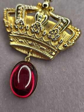 Gold Crown Brooch with Red Gem